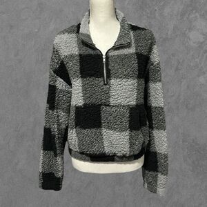 ZAFUL | Plaid Sherpa Fuzzy Quarter Zip Pullover Sweater Grey, Black, White US 10